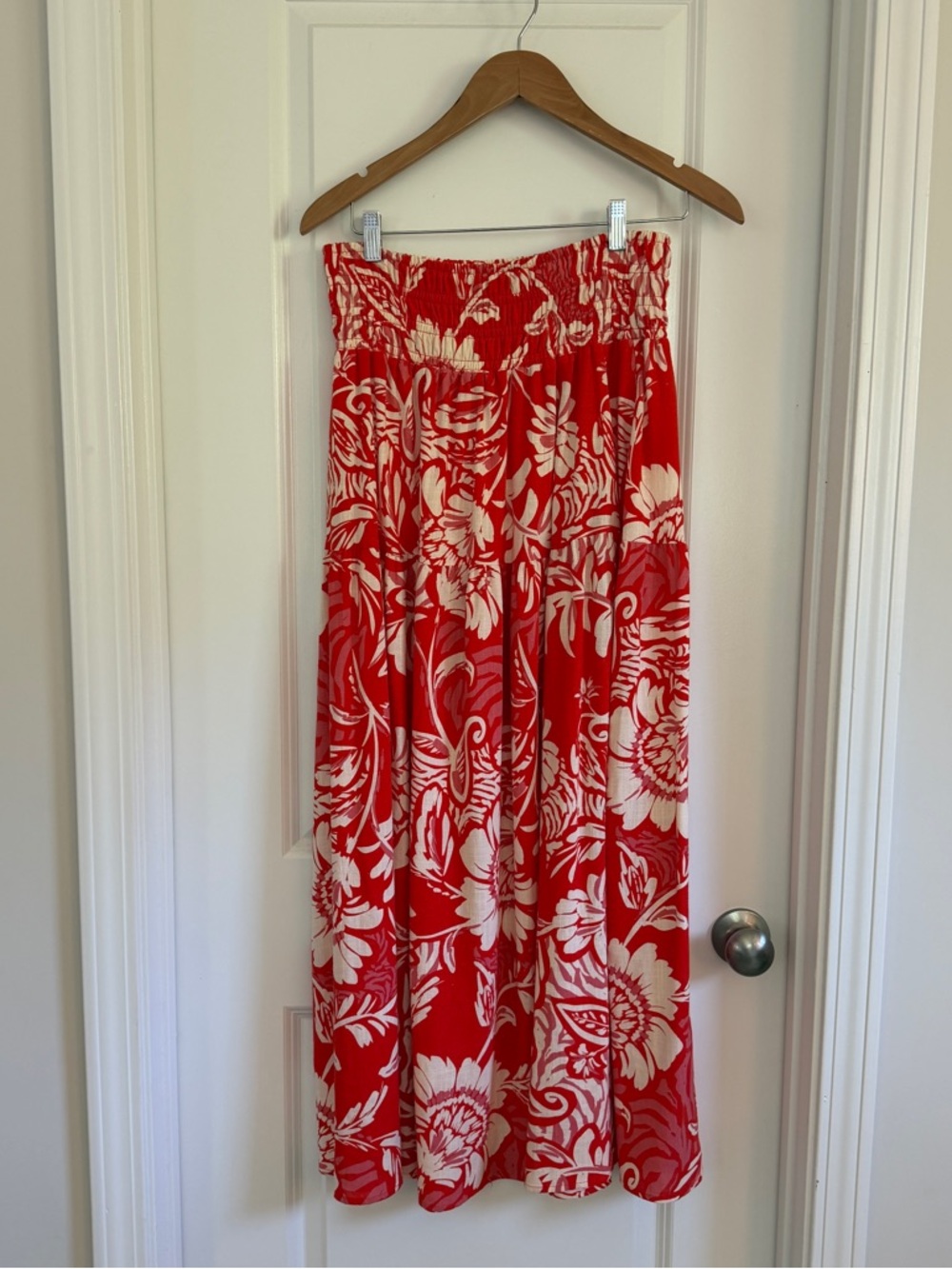 ANTHROPOLOGIE PAPER HEART RED FLORAL LINEN BLEND MAXI SKIRT W/Pockets ~ SZ M